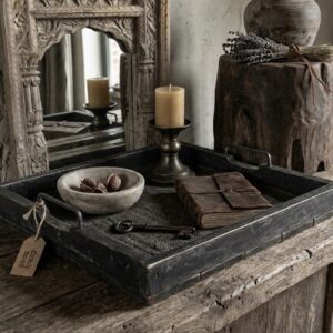 Stoer Houten Dienblad Vierkant – Rustiek Antraciet – 48x48 cm